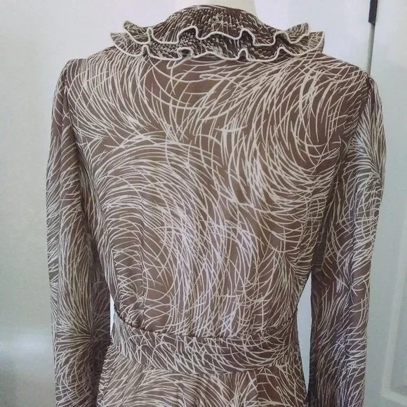 Studio 36 Dress Vintage 80's Brown & Cream Long Sleeve Size L Deep V-Neck - Picture 6 of 8